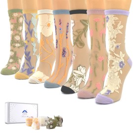 Fassory 7 Pairs Semi Sheer High Ankle Womens Pop Socks, Flowers Design Casual Breathable Mesh Socks for Ladies Girls (Floral * 7)