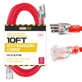 Iron Forge Cable Lighted Outdoor Extension Cord 10 ft - 14 Gauge 15 Amp Heavy Duty Power Extension Cords - SJTW - Great for Major Appliances, Power Tools, Garden Supplies - Red