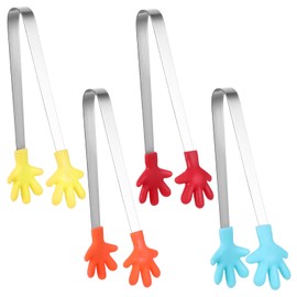 JIYIN 4 PCS Silicone Mini Tongs, 5 Inch Hand Shape Silicone Food Tongs Small Kids Tongs Colorful Kitchen Tongs for Serving Food Cooking Appetizers Ice Cube fruits Sugar(Red Yellow Orange Blue)