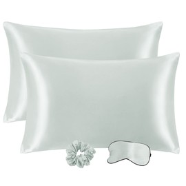 PiccoCasa Satin Pillowcases for Hair and Skin with Eye Mask and Scrunchie Soft Pillowcase 2 Pack Zipper Closure Silky Bed Pillow Covers Set for Sleeping Grey 50 x 65cm