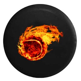 Funny Spare Tire Wheel Cover for Camper SUV Trailer Truck RV JP Thick PVC Leather | Tennis Ball on Fire Black 29 Inch