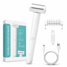 Afeitadora íntima de doble corte, recortadora de bikini para mujer, impermeable, para zonas sensibles, afeitadora de vello púbico, sin dolor, sin arañazos, de bolsillo (blanco)