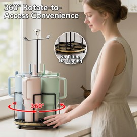 Water Bottle Organizer for 20/30/40oz Tumbler Cups: Rustic Metal Rotating Cup Organizer w/ Lid Holder&Vintage Wooden Base|Rotatable Tumbler Storage Rack for Countertop Cabinet|Saving Kitchen Space