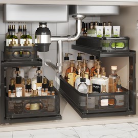 Corbyles 2 Pack 21IN-Depth Under Sink Organizer With Next-Gen Ball-Bearing Slides,2-Tier Precision Mesh Pull Out Cabinet Storage for Bathroom&Kitchen,Height Adjustable Drawers Shelf,Anti-rust-Black