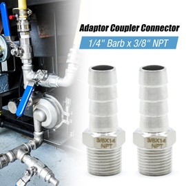 laffoonparts 2 Pack 1/4" Barb x 3/8" NPT Male Adaptor Coupler Connectors, Stainless Steel Home Brew Fittings for Water Fuel Air