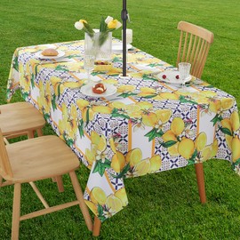 SASTYBALE Outdoor Tablecloth with Umbrella Hole, Stain Resistant Summer Lemon Table cloth Geometric Vintage Pattern, Washable Patio Table Cover for Party Picnic Dinner Decor (Rectangle, 60" x 84")