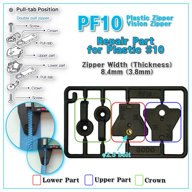 GODO PF10-4EA Plastic Zipper Slider Repair Replacement Kits - #10
