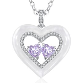 LOUISA SECRET Shell Double Heart Birthstone Necklaces for Women, 925 Sterling Silver Fine Jewelry, Pendant Heart Necklaces Birthday Anniversary Christmas Gift for Women Wife Mom Girlfriend Lady