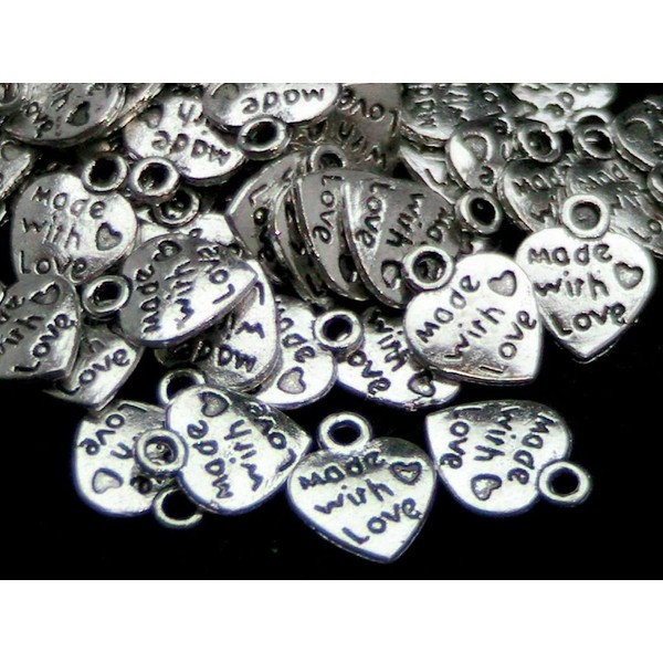 50 x MADE WITH LOVE Tibetan Silver Heart Charm Pendants - Valentine's Day Antique Silver Jewellery Making Beading Crafting Findings