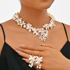 Unicra Crystal Flower Bridal Wedding Jewelry Set Rhinestone Necklace Earrings Sets Pearl Formal Costume Jewelry for Women and Brides (Gold)