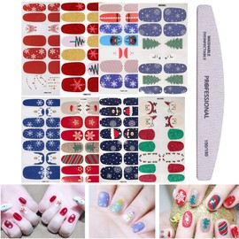 EBANKU Christmas Full Nail Stickers, 8 Sheets Nail Art Polish Stickers Nail Wrap Adhesive Nail Decals with 1Piece Nail Buffers Files