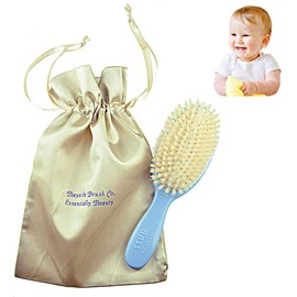 Bass BS26 Baby Hair Brush,100% Pure Soft White Natural Bristles and Gold Satin Brush Travel Bag. For Newborns Infants and Toddlers with Fine Hair. Detangle Hair, Massage and Stimulate the Scalp (Blue)