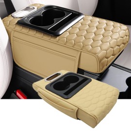 Priprilod Beige Car Center Console Armrest Pillow, Memory Foam with Cup Holder and Cell Phone Holder, Multifunctional Car Center Console Organizer, Universal Fit for Most Car Interior Accessories