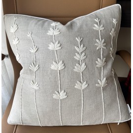 VAGMINE Hand Crafted Embroidered Linen Square Decorative Accent Throw Pillow Cover - for Master Bedroom, New Home, Anniversary, Farmhouse, Couch, Sofa - Daisy-Natural, 20x20 Inches