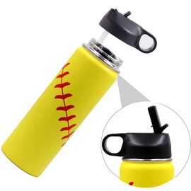 22 oz Baseball Baseball Softball Water Bottle, Sports Flask Metal Travel Tumbler with 2 Lids 18/8 Stainless Steel Double Wall Vacuum Insulated Hot/Cold (22oz, Yellow Softball)