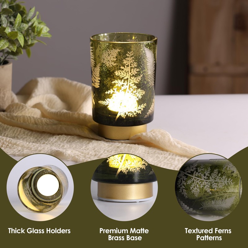 Eywamage Battery Operated Glass Table Lamp, Boho Green Ferns Leaves
