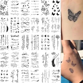 30 PCS Temporary Tattoos – Fine Line Fake Tattoos for Body Art – Realistic Removable Tattoo Stickers with Flowers, Leaves, Words & Patterns – Waterproof Festival Tattoos for Women & Men