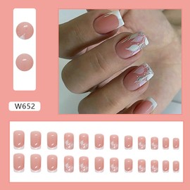 Vezocim Press on Nails Coffin with Leaf Designs, 24Pcs Artificial Short Nude Square French Tips Fake Nails, Glossy Full Cover Acrylic White Leaves False Nails, Stick on Fingernails for Women (W652)
