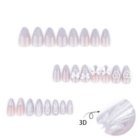 24Pcs Almond Press on Nails 3D Heart Fake Nails Glossy Silver False Nails with Bow Charms Heart Pearl Acrylic Nails Designs Luxury Glue on Nails Full Cover Artificial Nails for Women Manicure Decor