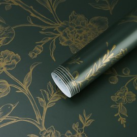Safiyya 118"x17.3" Peel and Stick Wallpaper Gold and Dark Green Contact Paper Floral Birds Wallpaper Boho Removable Floral Wall Paper for Bedroom