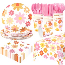 Groovy Party Supplies Daisy Groovy Party Tableware Set Serves 24 Include Boho Daisy Tablecloth Hippie Tableware Set for Groovy Boho Hippie Retro Birthday Baby Shower Party Decor