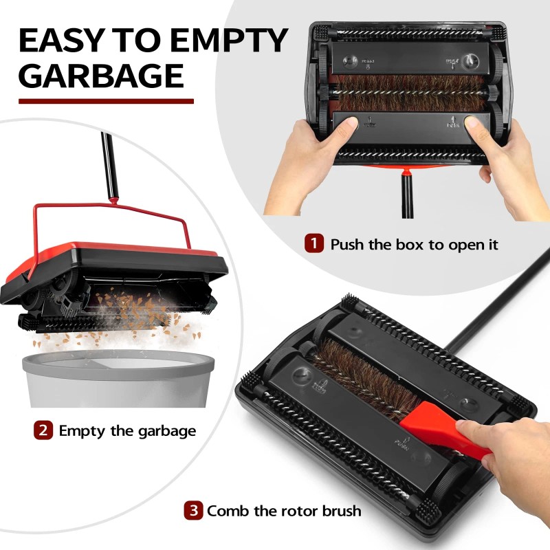 JEHONN Manual Carpet Floor Sweeper Horsehair Brush Non Electric Quiet