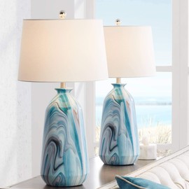360 Lighting Carlton Modern Coastal Table Lamps 28" Tall Set of 2 Swirling Blue Faux Marble White Tapered Drum Shade for Bedroom Living Room House Home Bedside Nightstand Office Kids Family