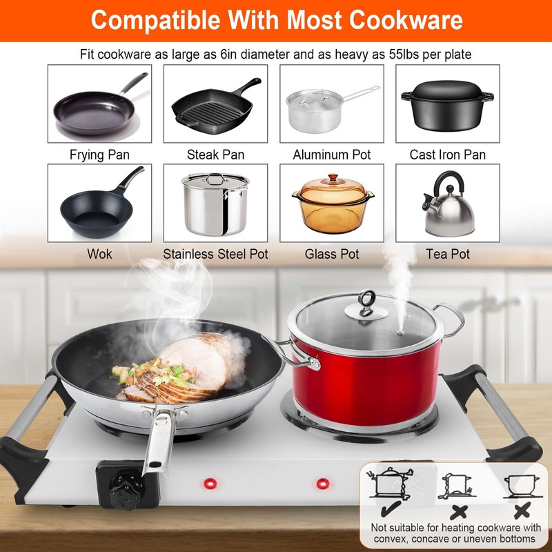 Electric Hot Plate, 2000W Countertop Double Burner with Adjustable Temperature