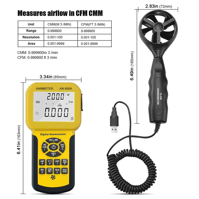 Handheld CFM CMM Wind Speed Meter, Separate Anemometer Measure Air
