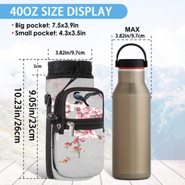 Mibbxea 40 oz Water Bottle Holder Carry Bag - Insulated Bottle Bag with Strap, Water Bottle Holder for Fitness, Camping, Walks, Cycling, Hiking, Outdoor Activities (Grey, Pink Flowers & Bird)