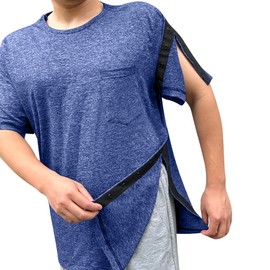 Post Shoulder Surgery Shirts Recovery Tear Away Short Sleeve Full Open Side Snap Dialysis Chemo Clothing Men & Women (US, Alpha, X-Large, Regular, Regular, Blue)