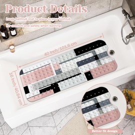 KINUUIS Pink Black Bath Tub Mat Non Slip, Modern Geometric Large Washable Shower Mats with Drain Holes and Suction Cups,40 X 16 Inch