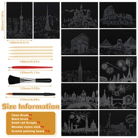 KOUHA 12 Stück Kratzbilder Urban Scratch Paper Magic Scratch Art Papier und Stift Set Nachtansicht Rubbelbrett Kratzpapier Weltberühmte Sehenswürdigkeiten Wandbild Kratzbilder Erwachsene & Kinder