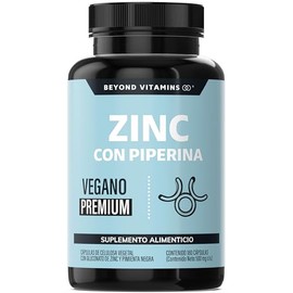 Beyond Vitamins | Zinc 20mg (Gluconato de Zinc) Potenciado con Piperina Estandarizada al 95%, Apto para dietas Veganas, Premium (180 Cápsulas)