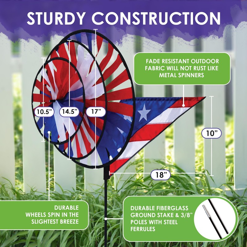 Premier Kites Triple Spinner Patriotic – Eye-Catching Garden Spinner with