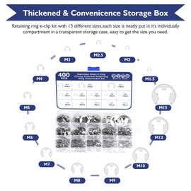 Habwea Pack of 400 Snap Ring Set, Stainless Steel, E-Clip, Retaining Ring, External Internal Circlips, Snap Ring Assortment for Attaching, Bearings, Gears, Pulleys