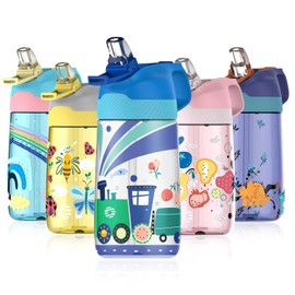 FJbottle Children's Drinking Bottle with Straw 450 ml Made of Tritan Plastic - 1-Click Opening - Leak-Proof BPA-Free Lightweight Water Bottle for School/Nursery