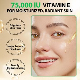 Vitamin E Oil for Skin, 75,000 IU Pure Vitamin E Oil for Face, Hair, Nail and Body Firming Plump Skin, Reduce Fine Lines and Scars, Non-GMO (Golden, 120 ml)