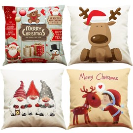 BINXWA Pack of 4 Christmas Cushions, Cotton Linen Dwarfs Elk Cushion Cover, Christmas Santa Claus Decorative Cushion Cover, 45 x 45 cm