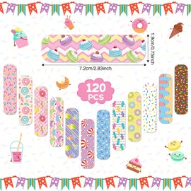 12 Styles Kids Bandages Bulk Cute Cartoon Flexible Adhesive Bandages Candy Donut Waterproof Breathable Adhesive Bandages for Little Cuts Scrapes for Girls Boys Children (120 Pcs)