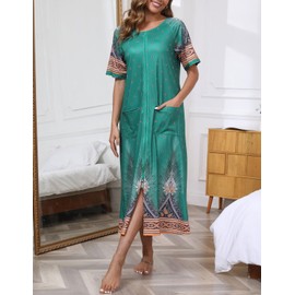 YARISNEY Zipper Robe for Women Short Loungewear Calf Length House Dress Soft Bathrobe with 2 Pockets (G Feather,XXL)