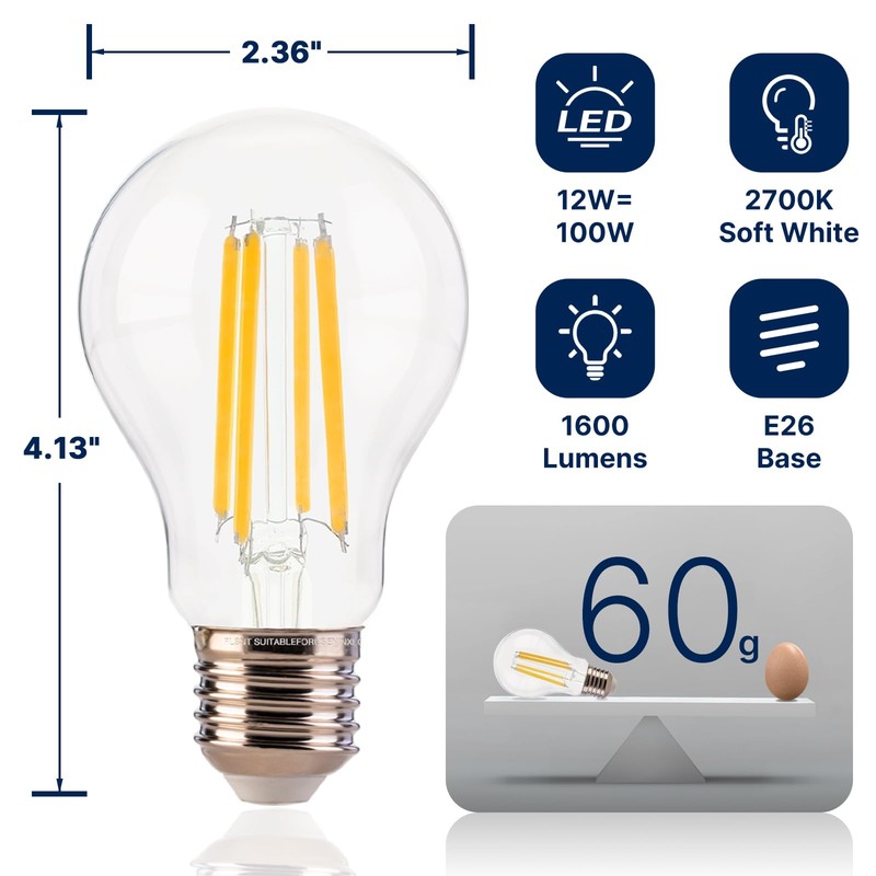FLSNT 100W Equivalent A19 LED Light Bulbs, Efficient 12W, 1600Lumens,