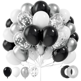 ADOINBY Black and Silver Balloons, 100Pcs 12inch Black White Metallic Chrome Silver Confetti Balloons with 1 Ribbon for Birthday, Baby Shower, Wedding, Graduation Theme Party Decoration