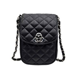 Bhumane Small Crossbody Phone Leather Bag for Women Mini Shoulder Wallet Card Purse Quilted (C - Black & Silver)