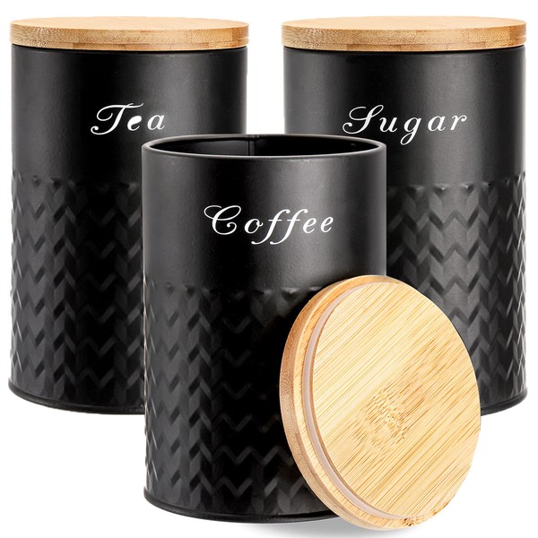 Bekith 3 Pack Kitchen Canisters with Bamboo Lids, Airtight Metal Canister Set, Food Storage Containers Jars for Coffee, Sugar, Tea, Flour, Rustic Farmhouse Kitchen Decor Containers, Black