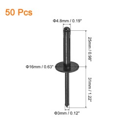 sourcing map 50Pcs 3/16"x1" Aluminum Large Head Tri Grip Rivets, Large Flange Tri Grip Rivets for DIY, Sheet Metal, Automotive Repairs, Furniture, Marine Boat (Black)