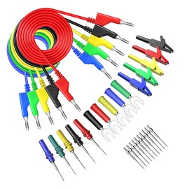 Cleqee 5 Pairs Stackable Banana Plugs Multimeter Test Lead Kit 4mm Fully Insulated Safety Shroud Stackable Banana Plugs with Alligator Crocodile Clip Test Fork Back Probe Pins Interchangeable Test Probe for Multimeter