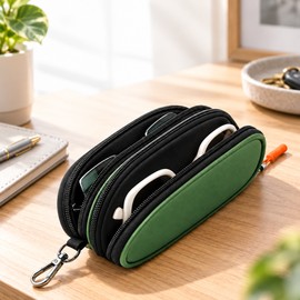 Double Eyeglass Case for Glasses & Sunglasses – Soft Neoprene Dual Zipper Storage Pouch with Keychain Clip, 3 Color Options (Case Only)