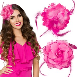 BOFUNX 2Pcs Flower Feather Fascinators 3 in 1 Rose Hair Clip Brooch Corsage Large Feather Flower Hair Accessories for Women Girls Birthday Wedding Party (Fuchsia Hot Pink)