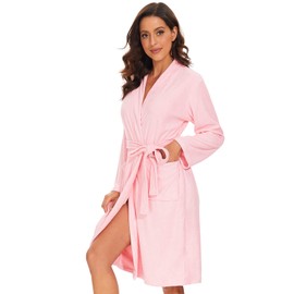 Knuffnee Terry Cloth Robe for Women Bathrobe Knee Length Bath Gown Lightweight Kimono Robe Pink S
